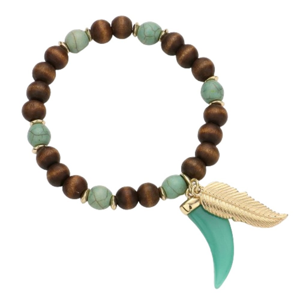 Gemstone Tusk Horn & Leaf Charm Stretch Wood Beaded Unisex Bracelet